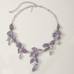 WHBM Pavé Rhinestone Statement Necklace Purple Lavender Silver 3D Flowers